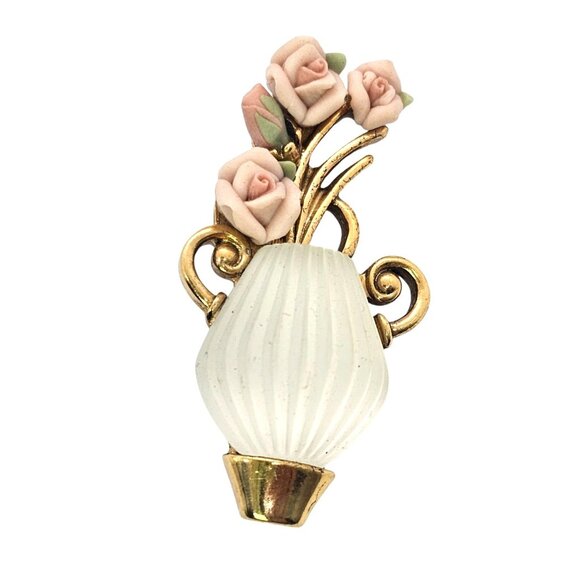 1928 Bridal Porcelain Rose Faux Pearl Necklace & Frosted Glass Brooch Set - Picture 3 of 16